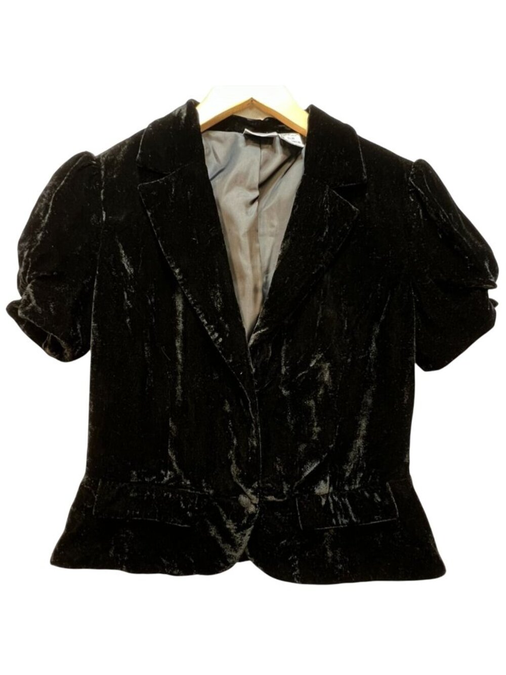 Newport News Women's Velvet Blazer Short Sleeve Peplum Hem Size 4 Black Solid